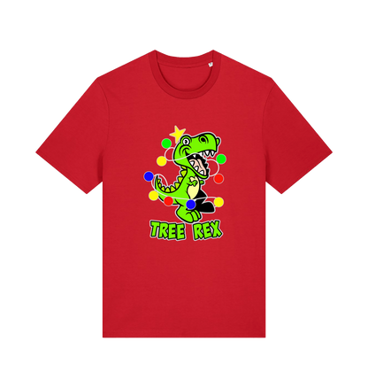 red christmas t-shirt with the graphic of a dinosaur wrapped in fairy lights and the slogan 'tree rex'