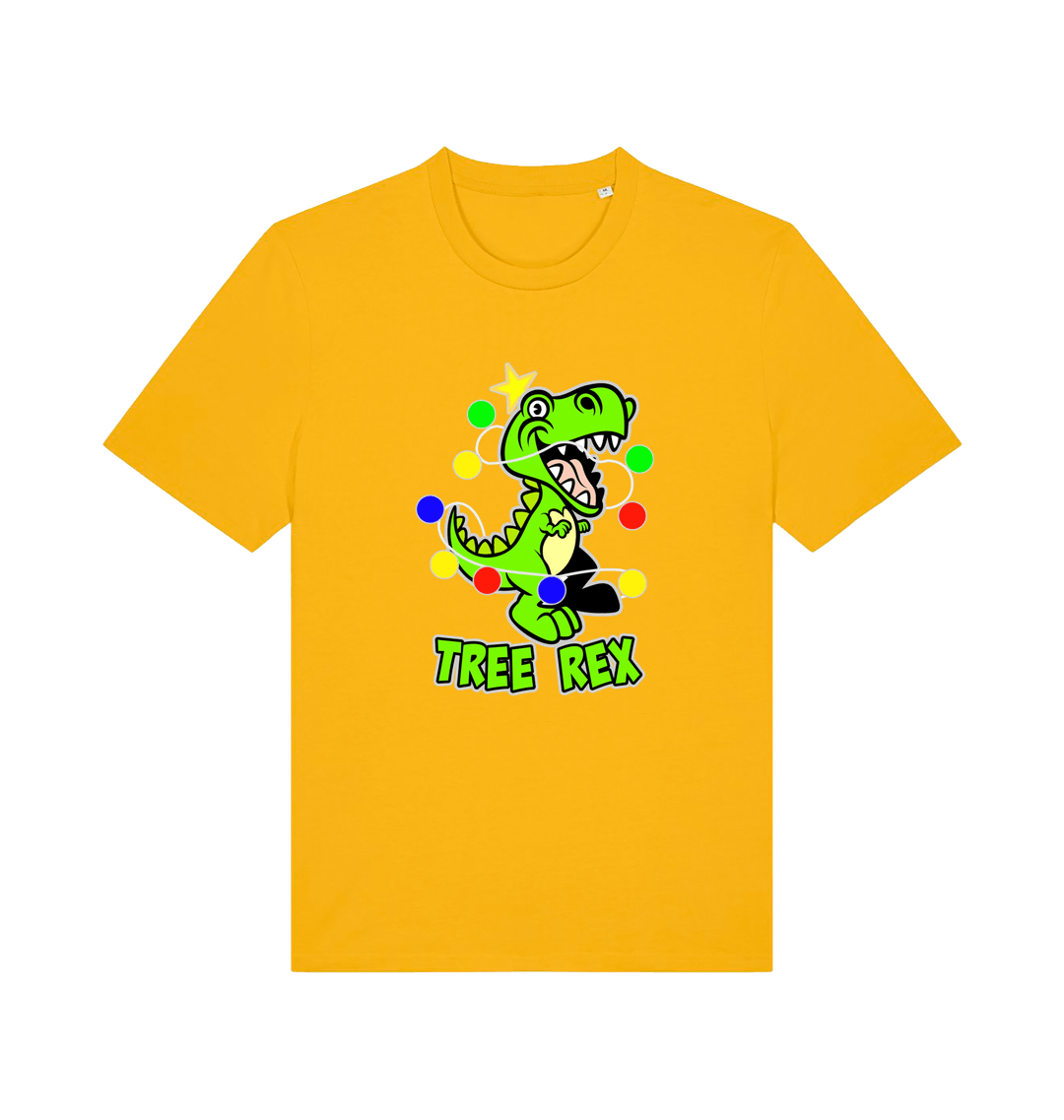 yellow christmas t-shirt with the graphic of a dinosaur wrapped in fairy lights and the slogan 'tree rex'
