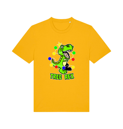 yellow christmas t-shirt with the graphic of a dinosaur wrapped in fairy lights and the slogan 'tree rex'