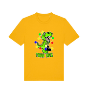 yellow christmas t-shirt with the graphic of a dinosaur wrapped in fairy lights and the slogan 'tree rex'