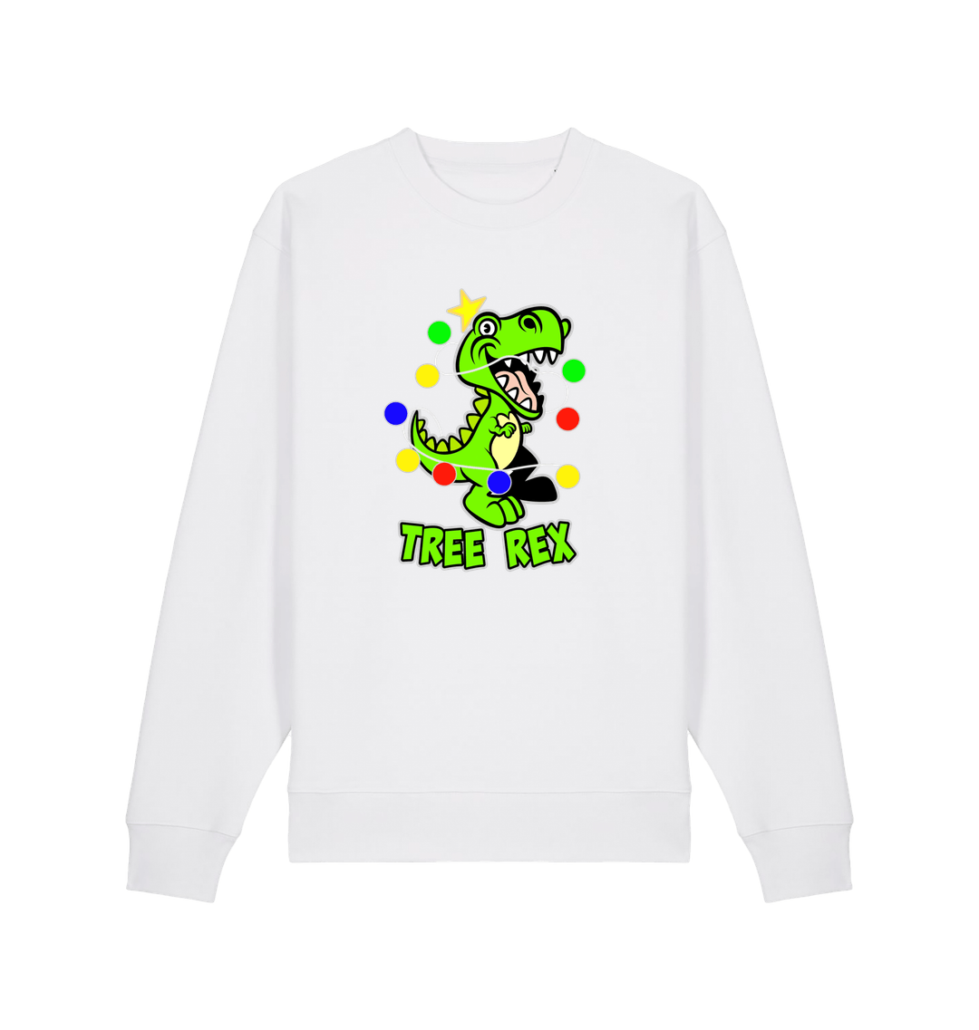 white christmas sweater with the graphic of a dinosaur and the slogan 'tree rex'