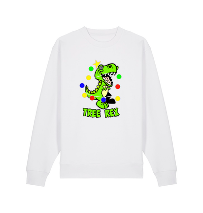 white christmas sweater with the graphic of a dinosaur and the slogan 'tree rex'