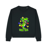 black christmas sweater with the graphic of a dinosaur wrapped in christmas lights and the slogan 'tree rex'
