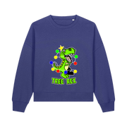 blue christmas sweater with the graphic of a dinosaur wrapped in christmas lights and the slogan 'tree rex'