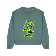 green christmas sweater with the graphic of a dinosaur wrapped in christmas lights and the slogan 'tree rex'