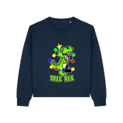 navy christmas sweater with the graphic of a dinosaur wrapped in christmas lights and the slogan 'tree rex'