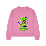 pink christmas sweater with the graphic of a dinosaur wrapped in christmas lights and the slogan 'tree rex'
