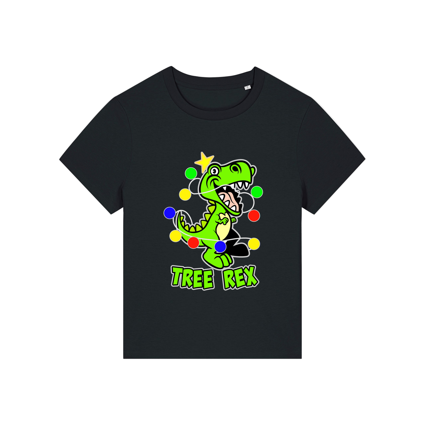 black christmas t-shirt with the graphic of a dinosaur wrapped in lights and the slogan 'tree rex'