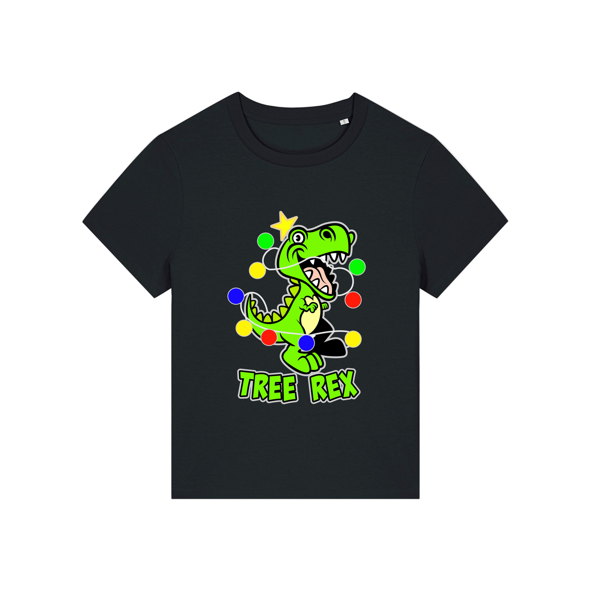 black christmas t-shirt with the graphic of a dinosaur wrapped in lights and the slogan 'tree rex'