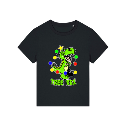 black christmas t-shirt with the graphic of a dinosaur wrapped in lights and the slogan 'tree rex'
