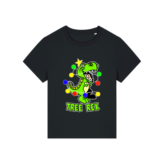 black christmas t-shirt with the graphic of a dinosaur wrapped in lights and the slogan 'tree rex'