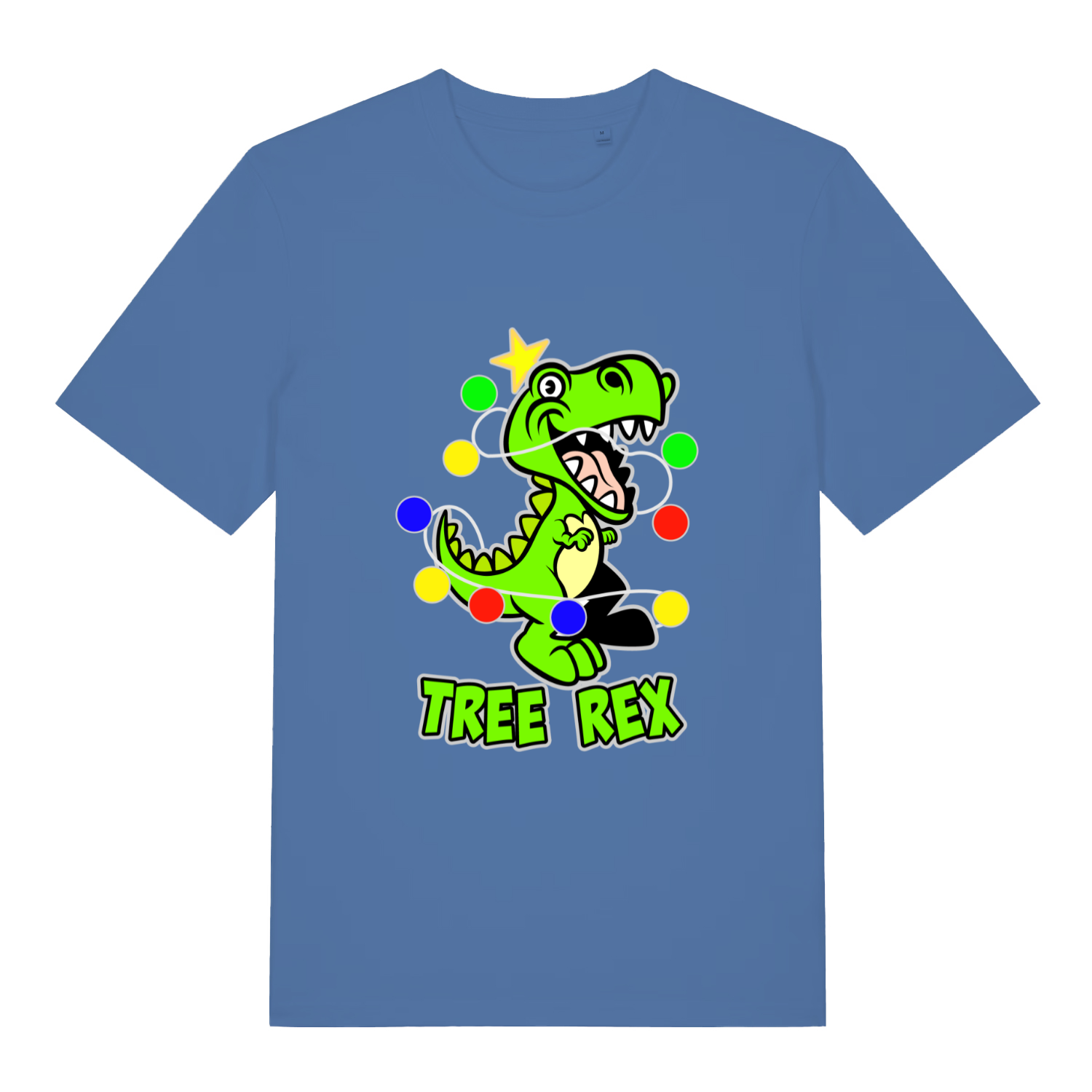 blue women's christmas t-shirt with the graphic of a dinosaur wrapped in lights and the slogan 'tree rex'