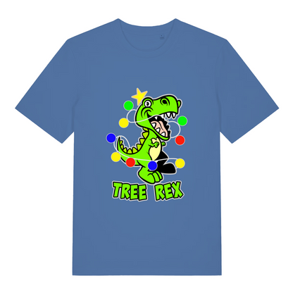 blue women's christmas t-shirt with the graphic of a dinosaur wrapped in lights and the slogan 'tree rex'