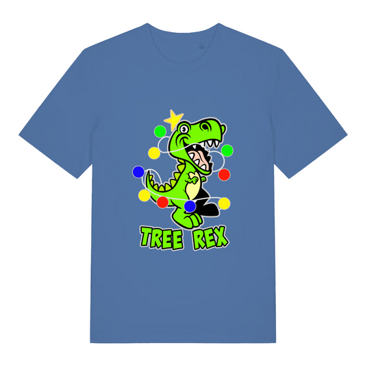 blue women's christmas t-shirt with the graphic of a dinosaur wrapped in lights and the slogan 'tree rex'
