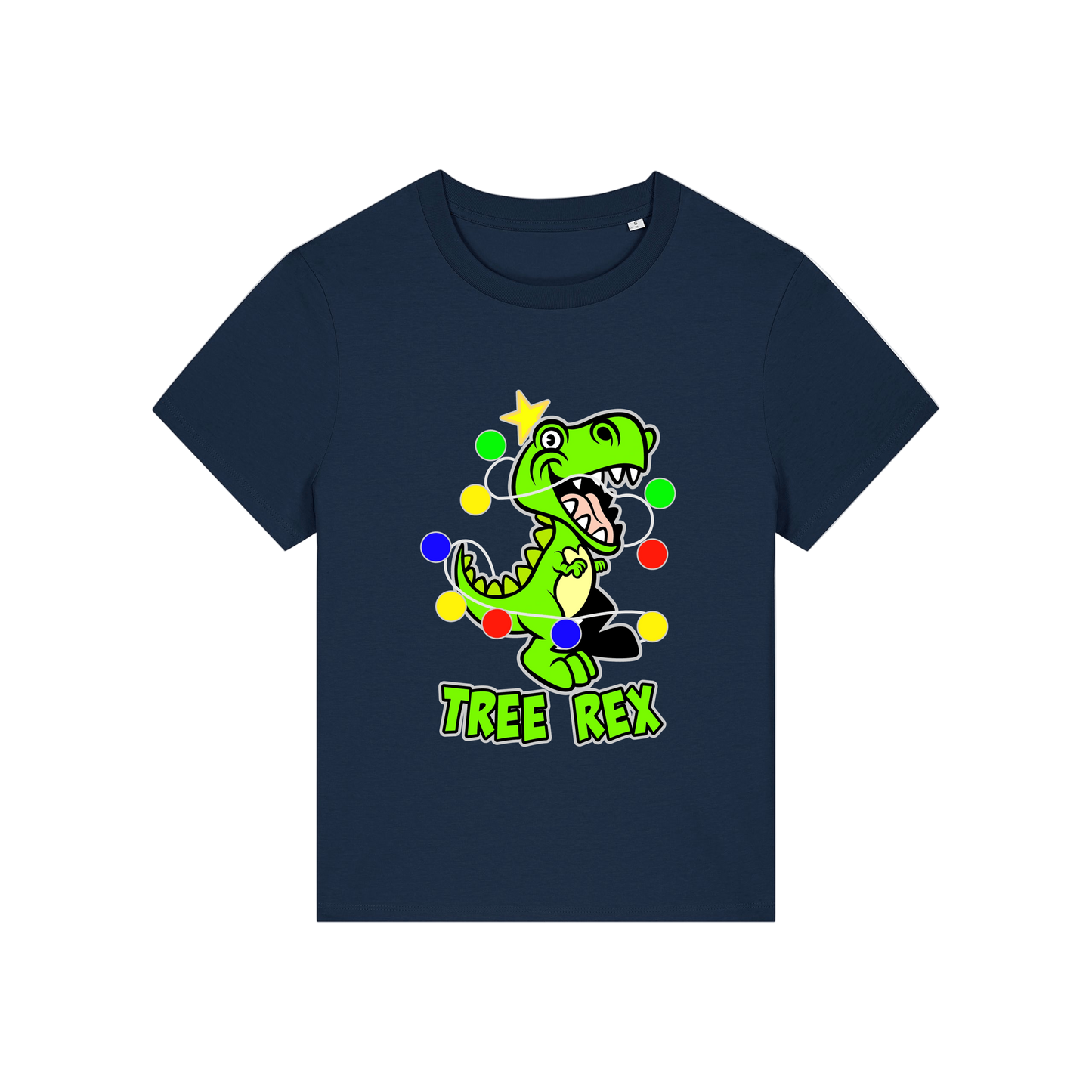 navy christmas t-shirt with the graphic of a dinosaur wrapped in lights and the slogan 'tree rex'
