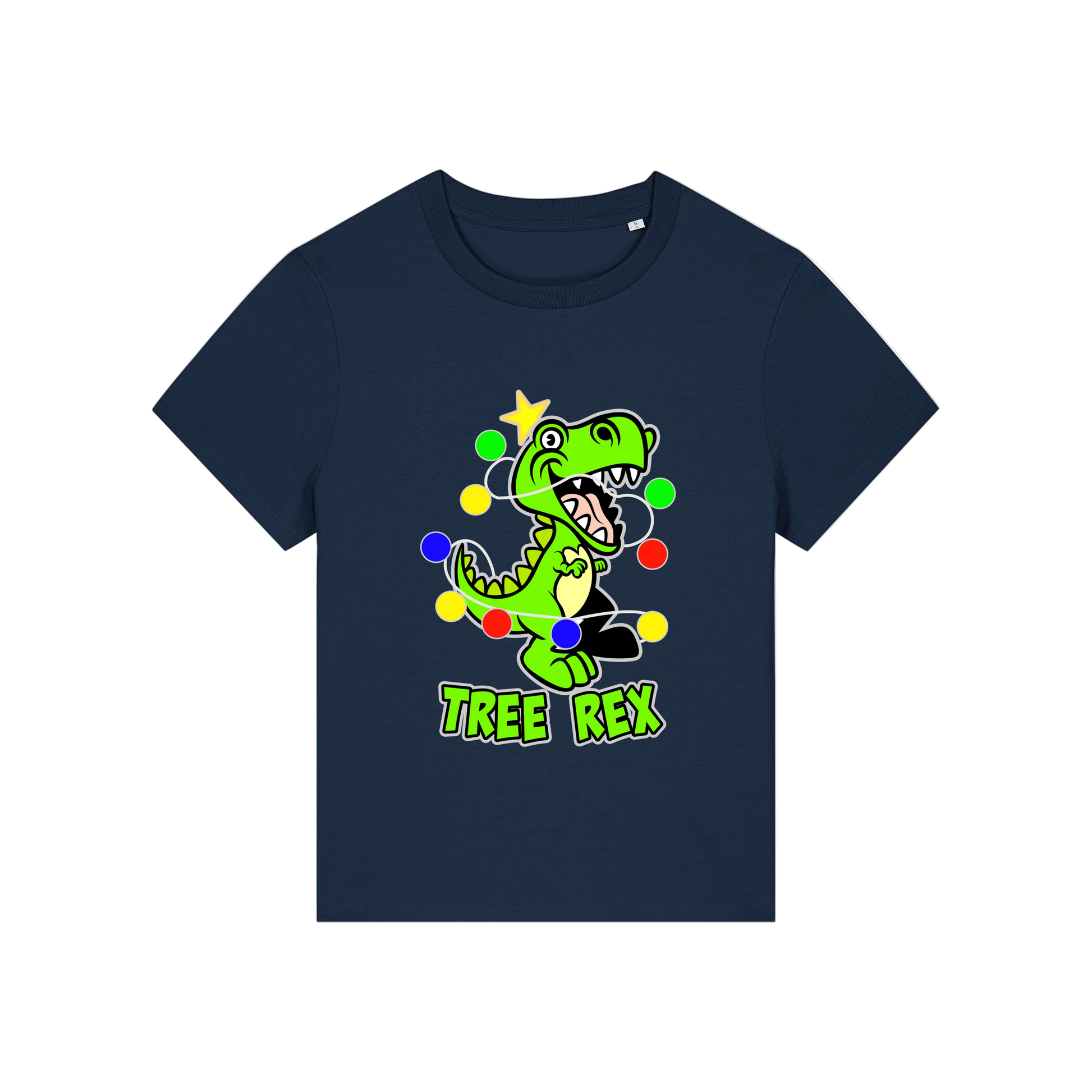navy christmas t-shirt with the graphic of a dinosaur wrapped in lights and the slogan 'tree rex'