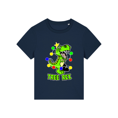 navy christmas t-shirt with the graphic of a dinosaur wrapped in lights and the slogan 'tree rex'