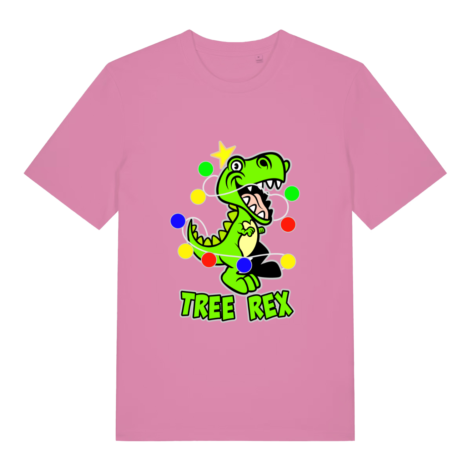 pink women's christmas t-shirt with the graphic of a dinosaur wrapped in lights and the slogan 'tree rex'