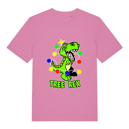 pink women's christmas t-shirt with the graphic of a dinosaur wrapped in lights and the slogan 'tree rex'