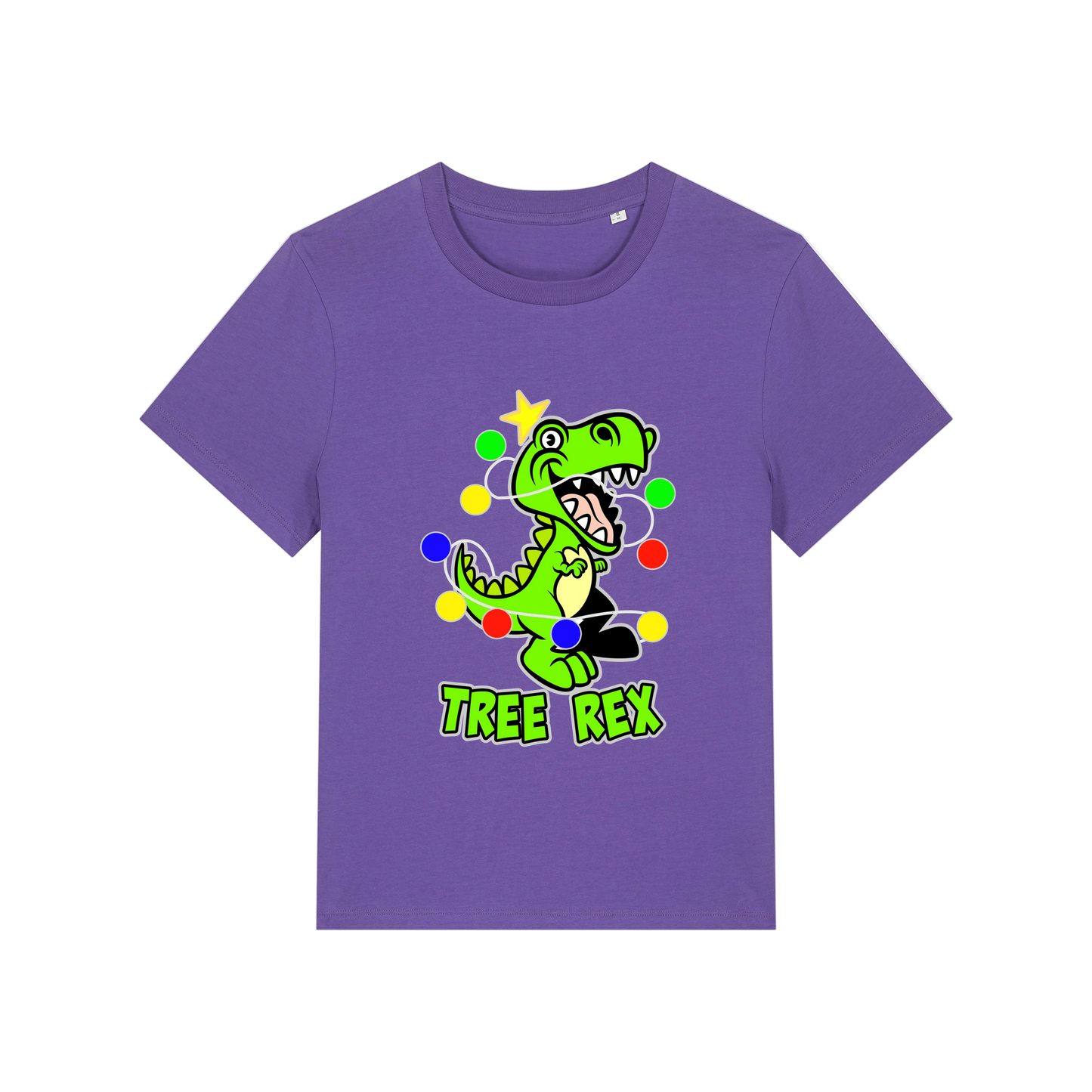 purple christmas t-shirt with the graphic of a dinosaur wrapped in lights and the slogan 'tree rex'