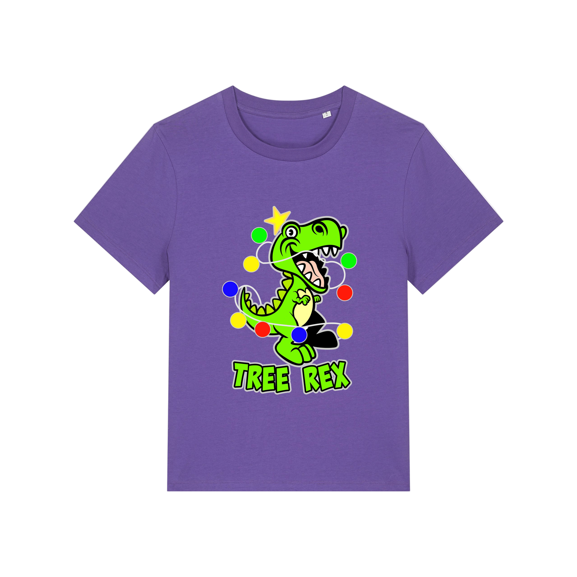 purple christmas t-shirt with the graphic of a dinosaur wrapped in lights and the slogan 'tree rex'