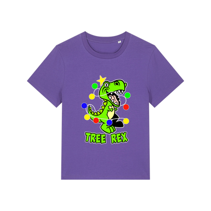 purple christmas t-shirt with the graphic of a dinosaur wrapped in lights and the slogan 'tree rex'