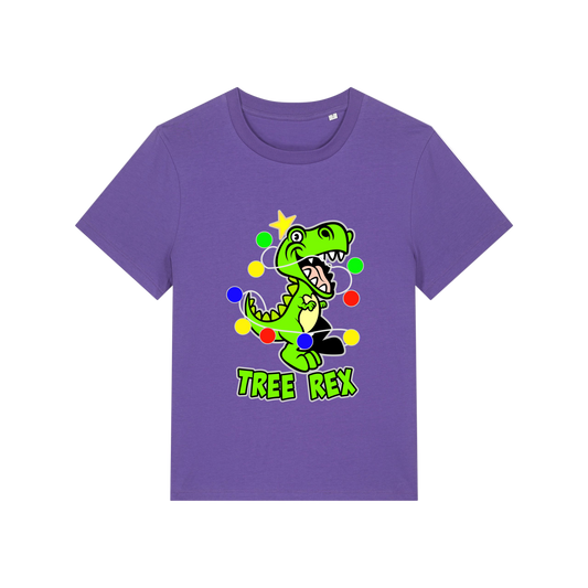 purple christmas t-shirt with the graphic of a dinosaur wrapped in lights and the slogan 'tree rex'