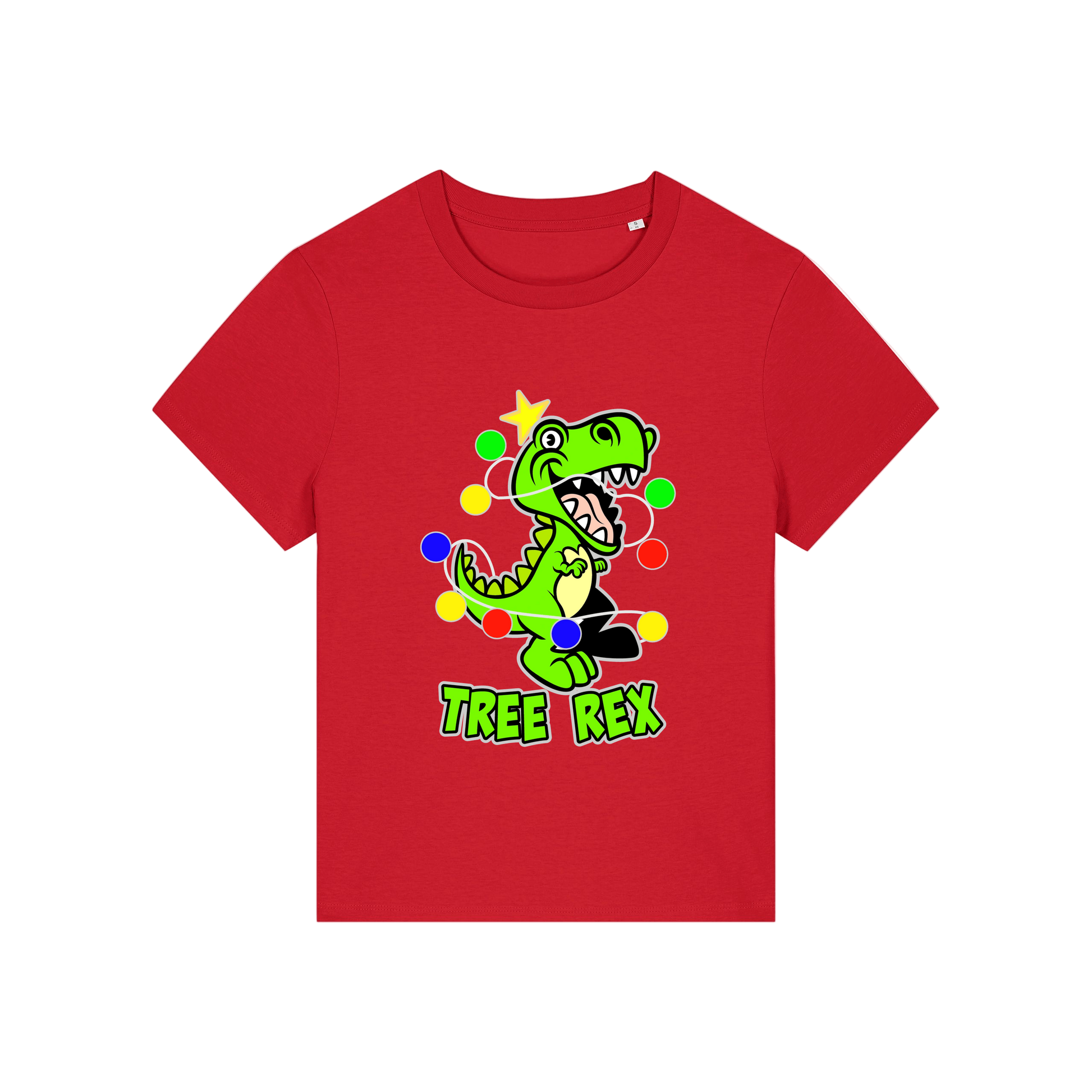 red christmas t-shirt with the graphic of a dinosaur wrapped in lights and the slogan 'tree rex'