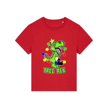 red christmas t-shirt with the graphic of a dinosaur wrapped in lights and the slogan 'tree rex'