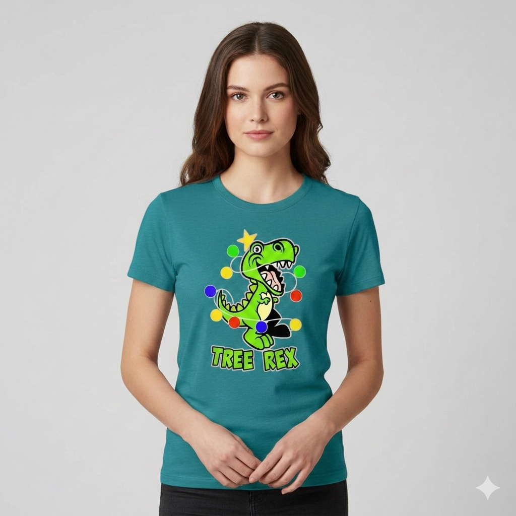 Woman wearing a teal t-shirt with a dinosaur graphic and 'TREE REX' text on a gray background