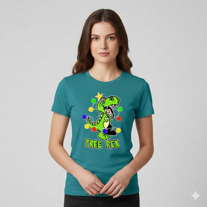 Woman wearing a teal t-shirt with a dinosaur graphic and 'TREE REX' text on a gray background