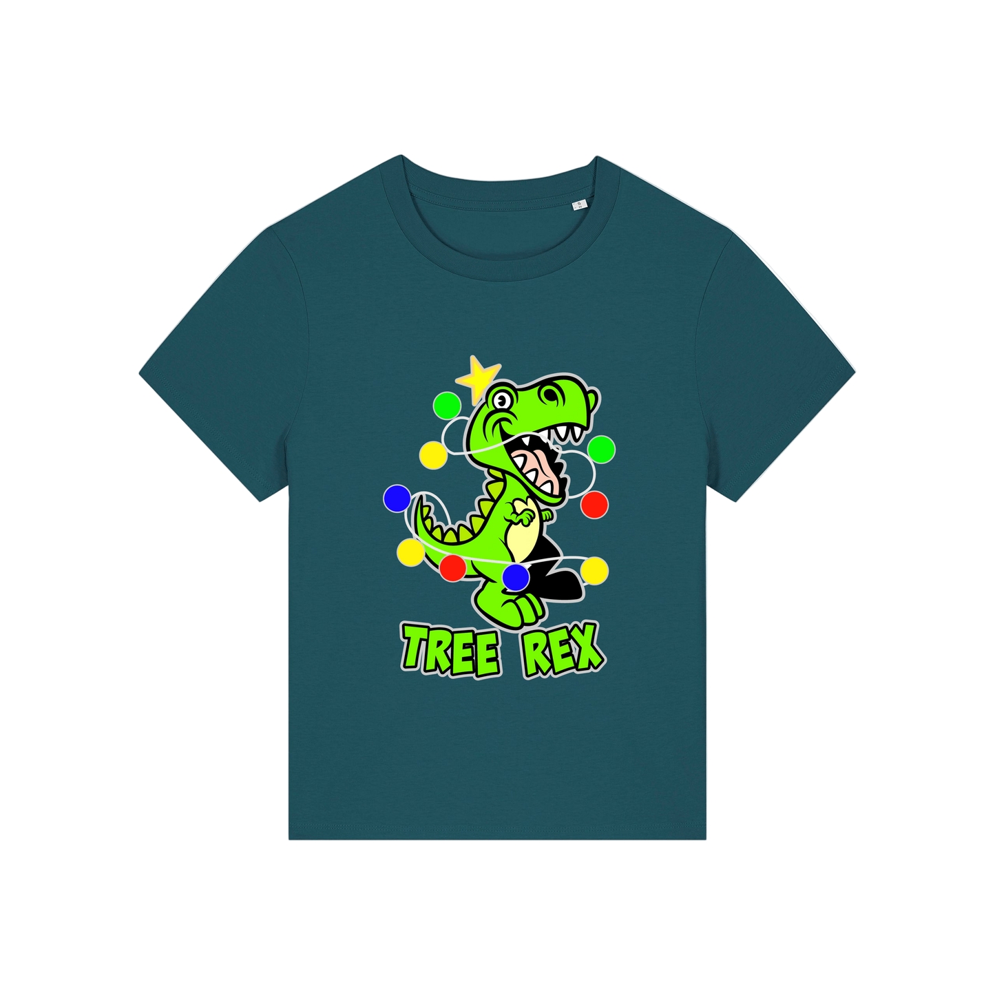 teal christmas t-shirt with the graphic of a dinosaur wrapped in lights and the slogan 'tree rex'