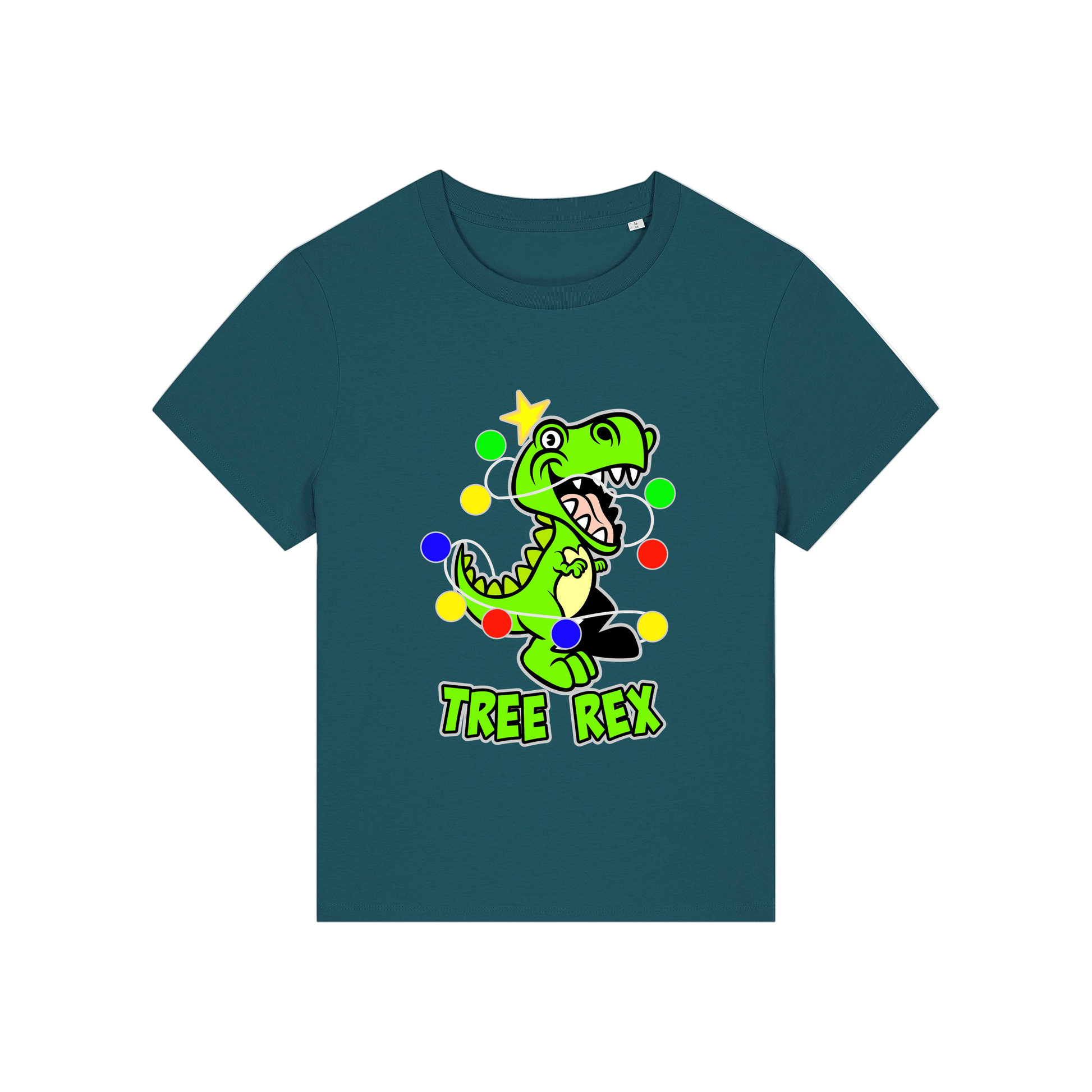 teal christmas t-shirt with the graphic of a dinosaur wrapped in lights and the slogan 'tree rex'