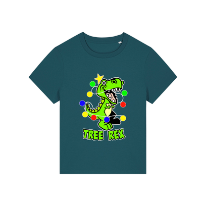 teal christmas t-shirt with the graphic of a dinosaur wrapped in lights and the slogan 'tree rex'