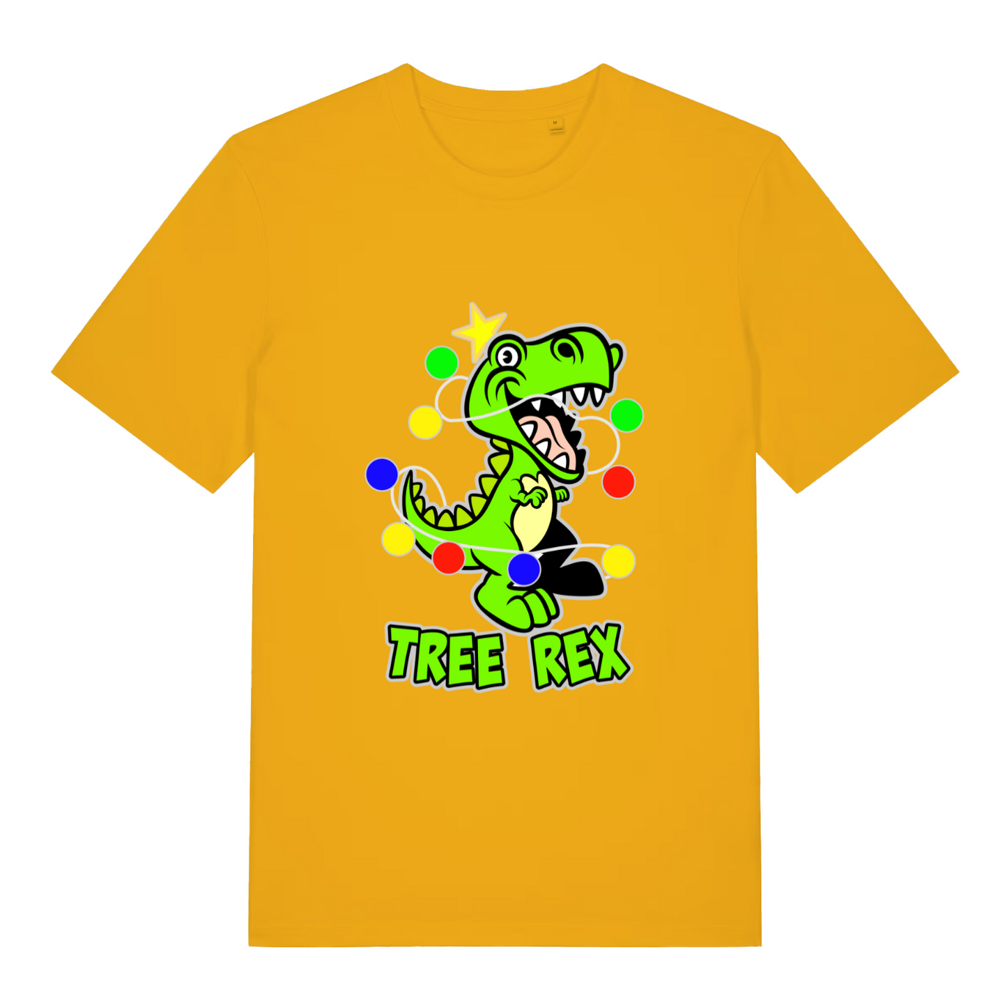 yellow women's christmas t-shirt with the graphic of a dinosaur wrapped in lights and the slogan 'tree rex'