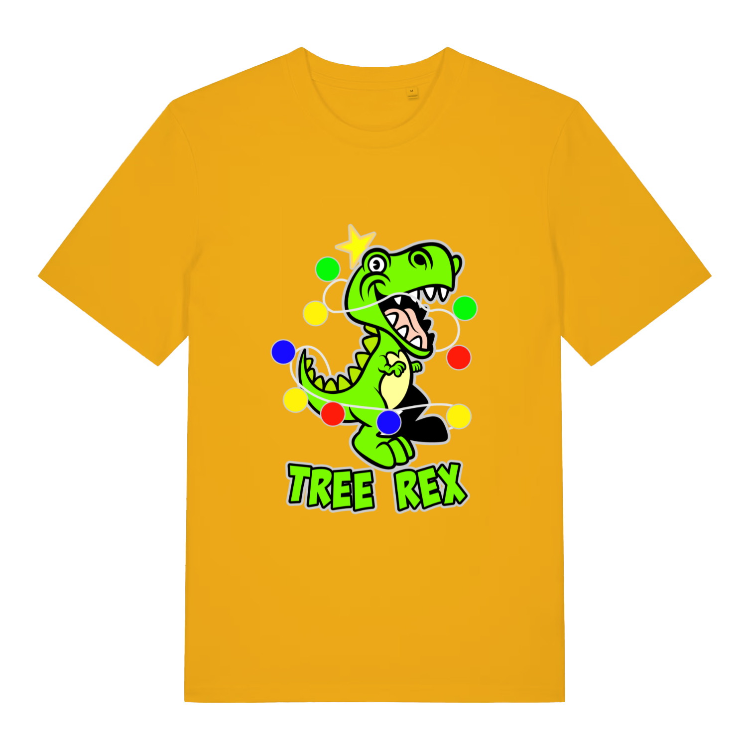 yellow women's christmas t-shirt with the graphic of a dinosaur wrapped in lights and the slogan 'tree rex'