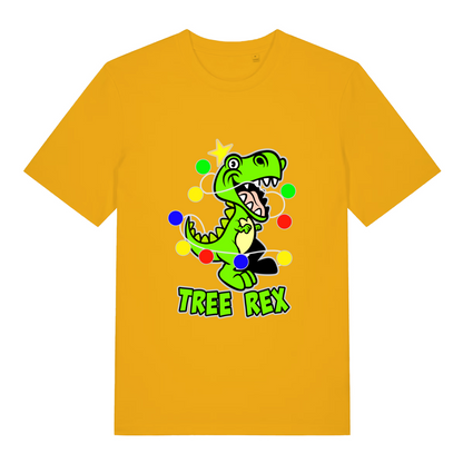 yellow women's christmas t-shirt with the graphic of a dinosaur wrapped in lights and the slogan 'tree rex'