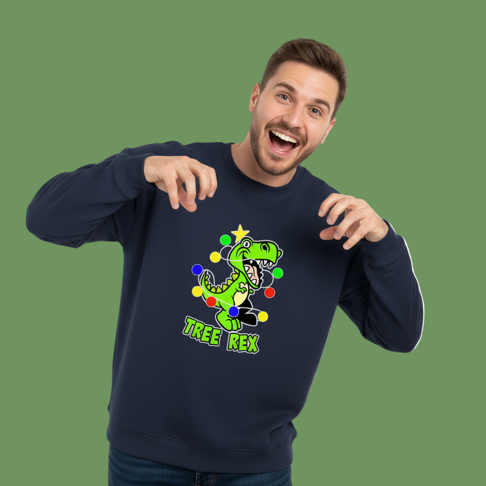 Man wearing a navy blue sweatshirt with a colorful dinosaur graphic and 'Tree Rex' text on a green background
