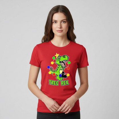 Person wearing a red t-shirt with a colorful dinosaur graphic and text on a plain background