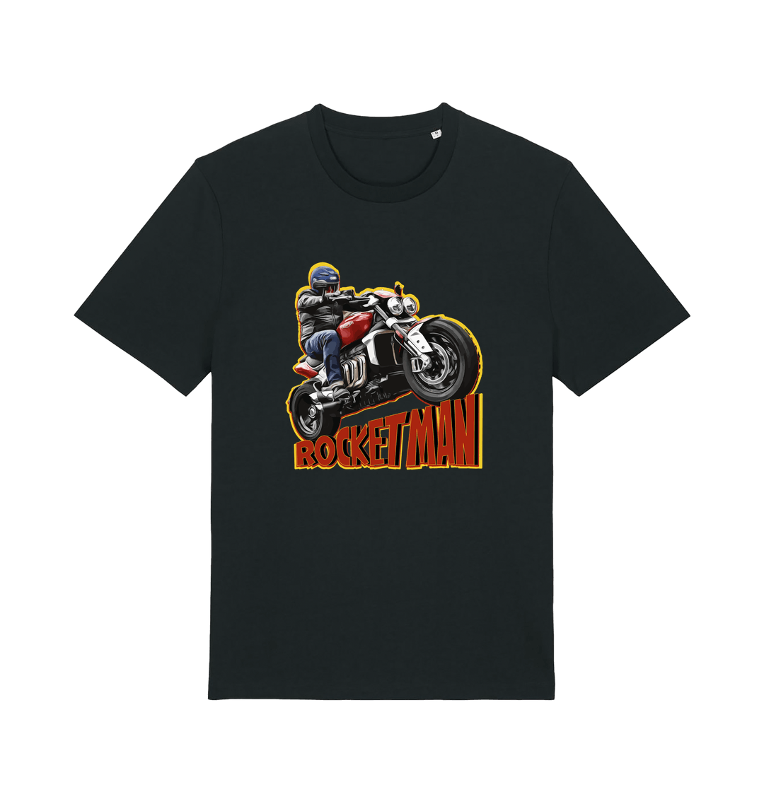 black motorcycle t-shirt with the graphic of a man n a motorbike and the slogan 'rocketman'