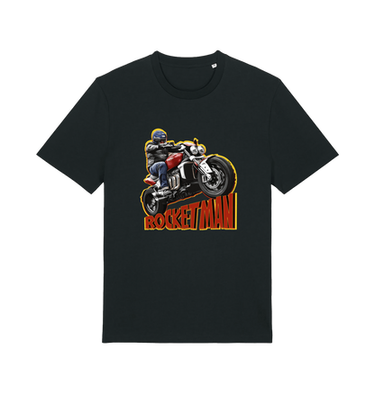 black motorcycle t-shirt with the graphic of a man n a motorbike and the slogan 'rocketman'