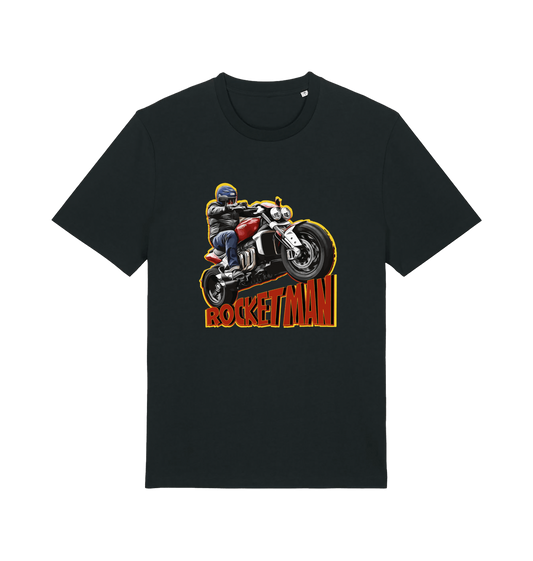 black motorcycle t-shirt with the graphic of a man n a motorbike and the slogan 'rocketman'