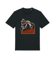 black motorcycle t-shirt with the graphic of a man n a motorbike and the slogan 'rocketman'