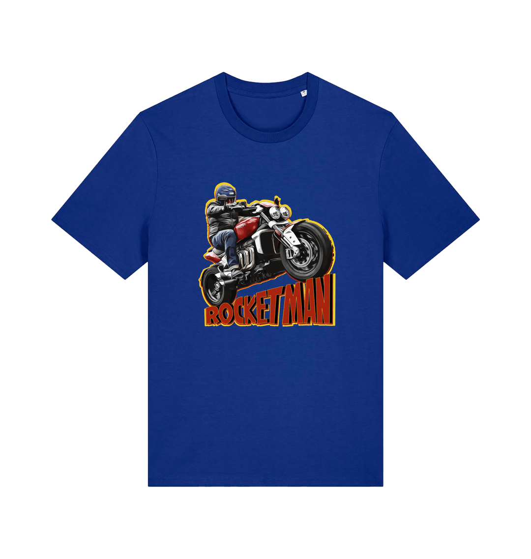 blue motorcycle t-shirt with the graphic of a man n a motorbike and the slogan 'rocketman'