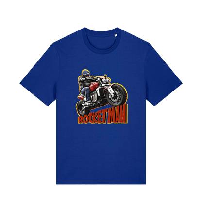 blue motorcycle t-shirt with the graphic of a man n a motorbike and the slogan 'rocketman'