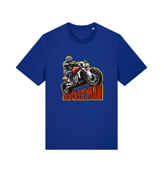blue motorcycle t-shirt with the graphic of a man n a motorbike and the slogan 'rocketman'