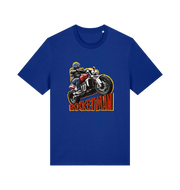 blue motorcycle t-shirt with the graphic of a man n a motorbike and the slogan 'rocketman'