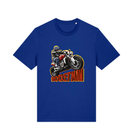 blue motorcycle t-shirt with the graphic of a man n a motorbike and the slogan 'rocketman'