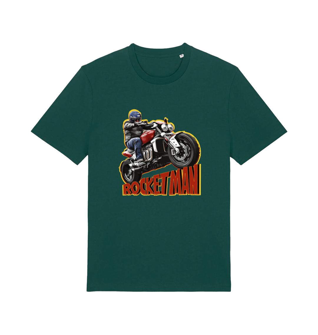 green motorcycle t-shirt with the graphic of a man n a motorbike and the slogan 'rocketman'