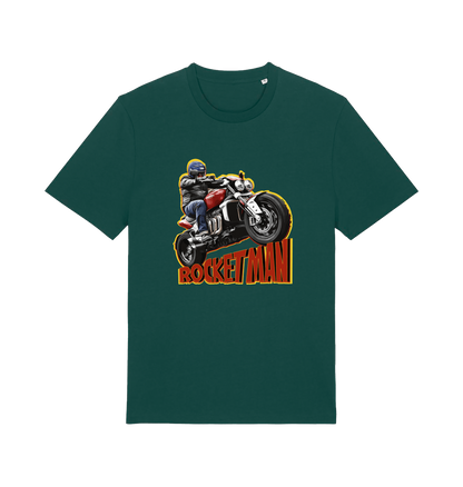 green motorcycle t-shirt with the graphic of a man n a motorbike and the slogan 'rocketman'